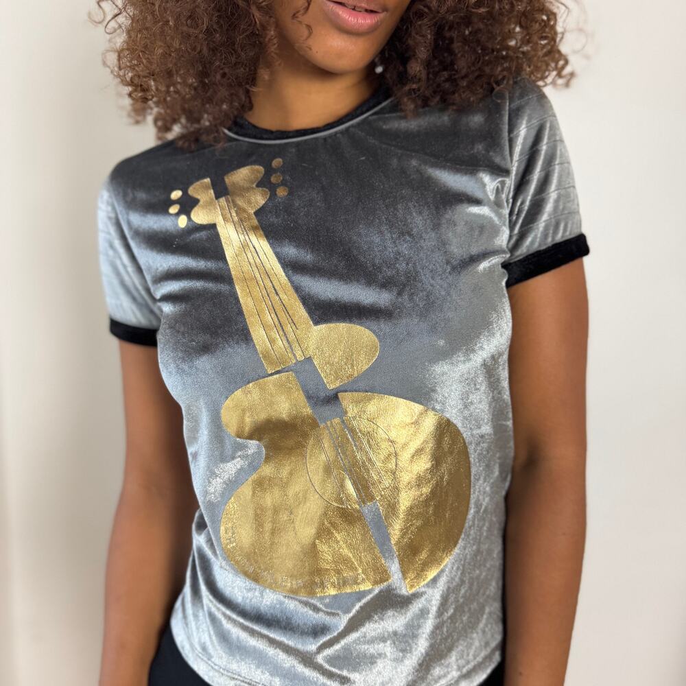 Vintage Calvin Klein Silver Velour Graphic Tee with Gold Guitar Print (XS/S)